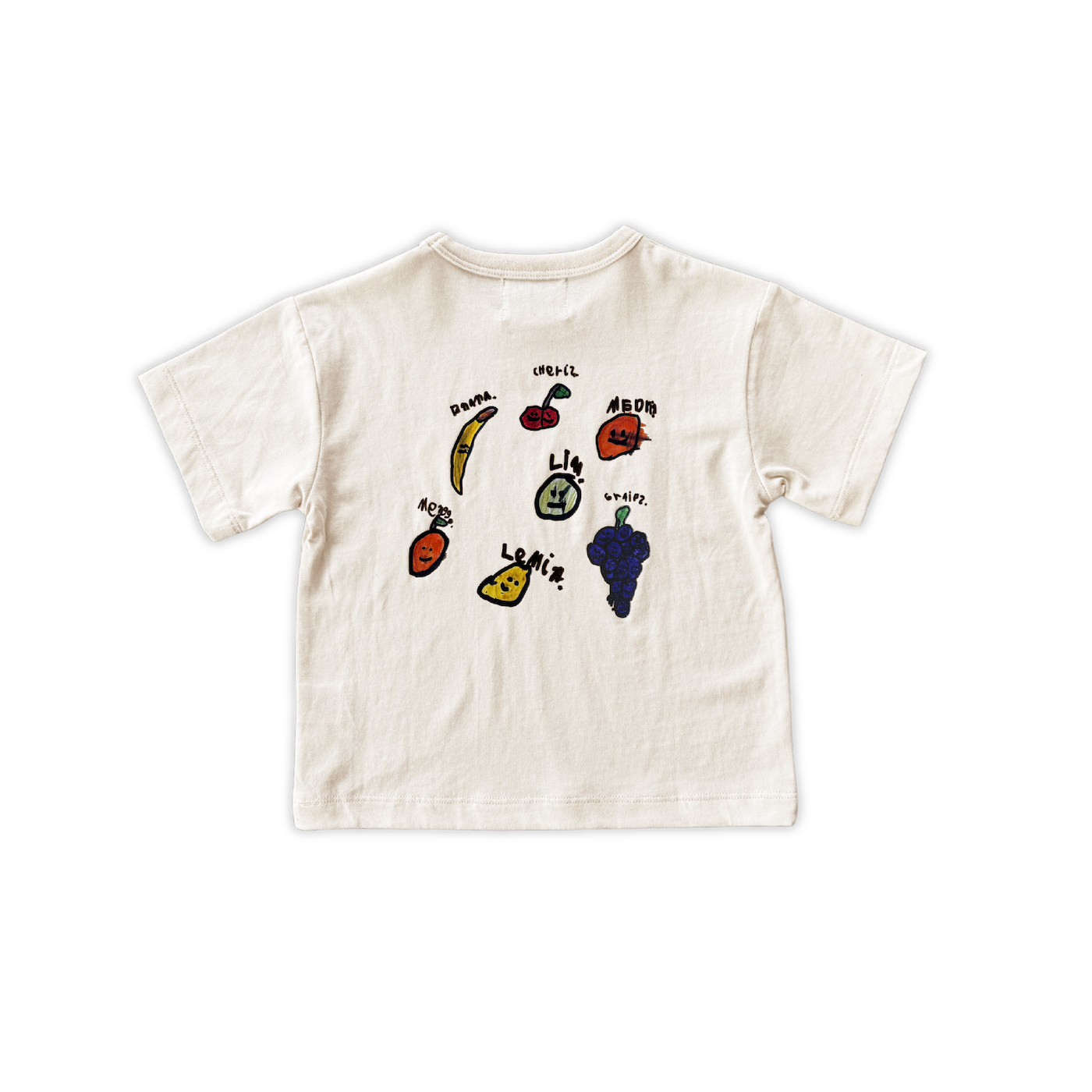 Grown organic cotton kids tee hand drawn fruit print detail