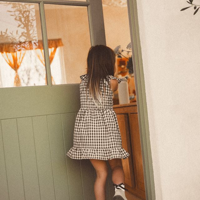 Cinnamon Baby gingham dress for girls – boutique kidswear pre-order at White Fox & Co New Zealand