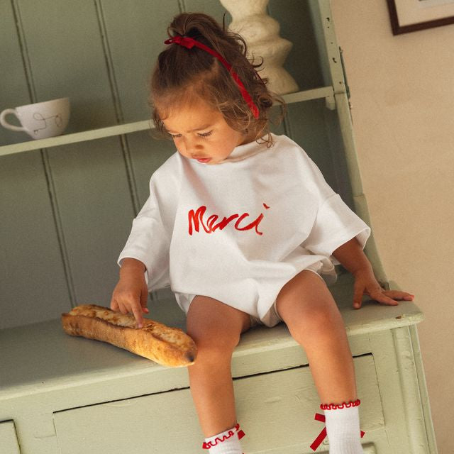 Merci Tshirt Romper by Cinnamon Baby exclusive to White fox & Co in NZ
