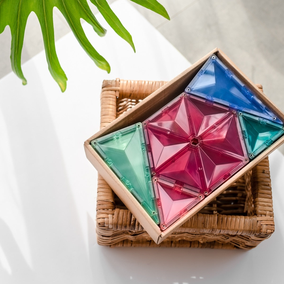 Opened box of Connetix Pastel Geometry Pack with visible tile pieces