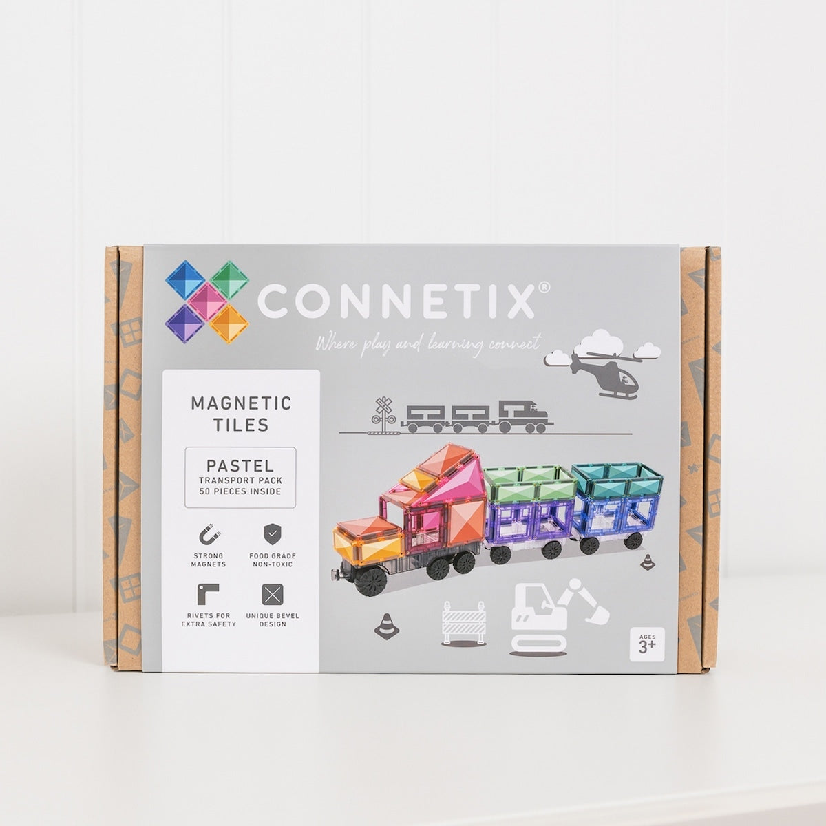 Packaging of Connetix Pastel Transport Pack – 50 Piece magnetic tile set