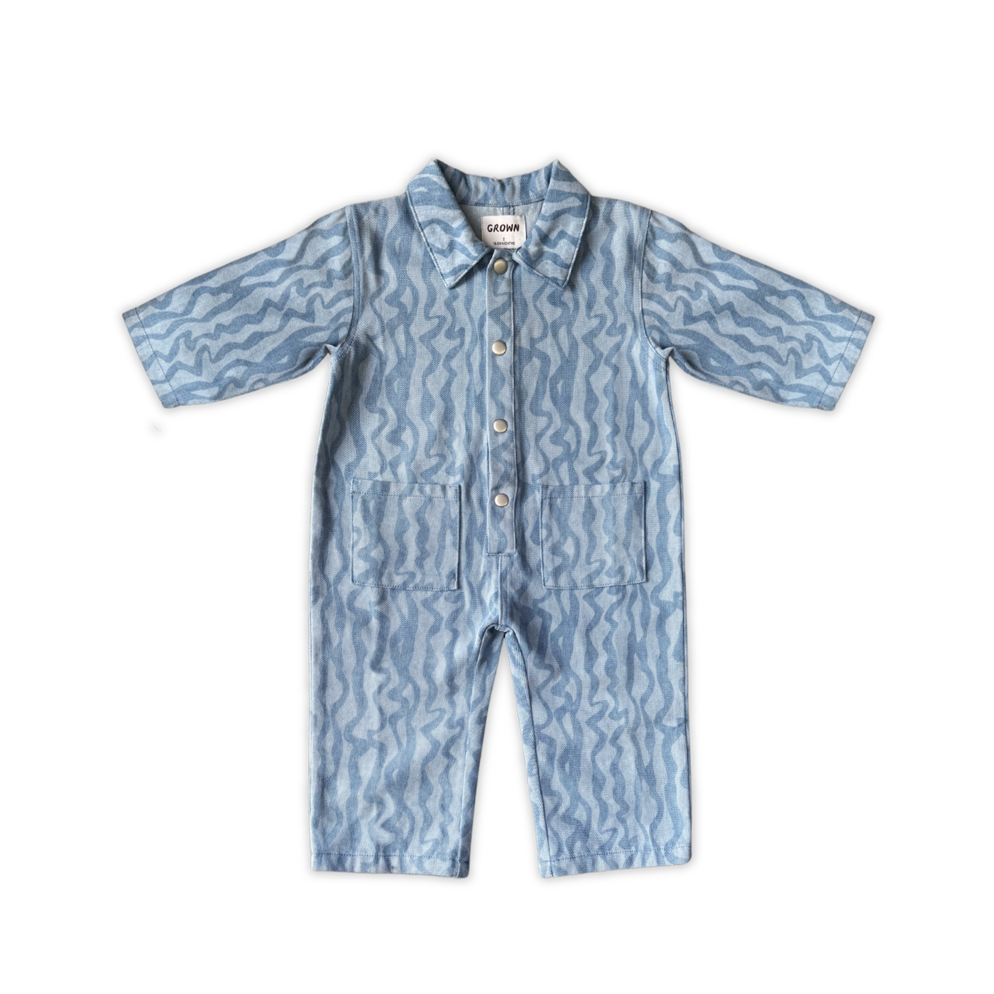 Grown organic cotton kids denim boilersuit Flow print detail