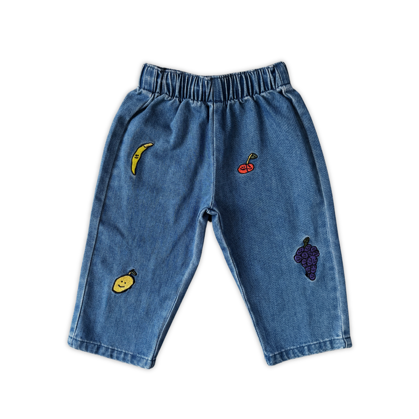 Grown organic cotton kids denim pants fruit embroidery detail