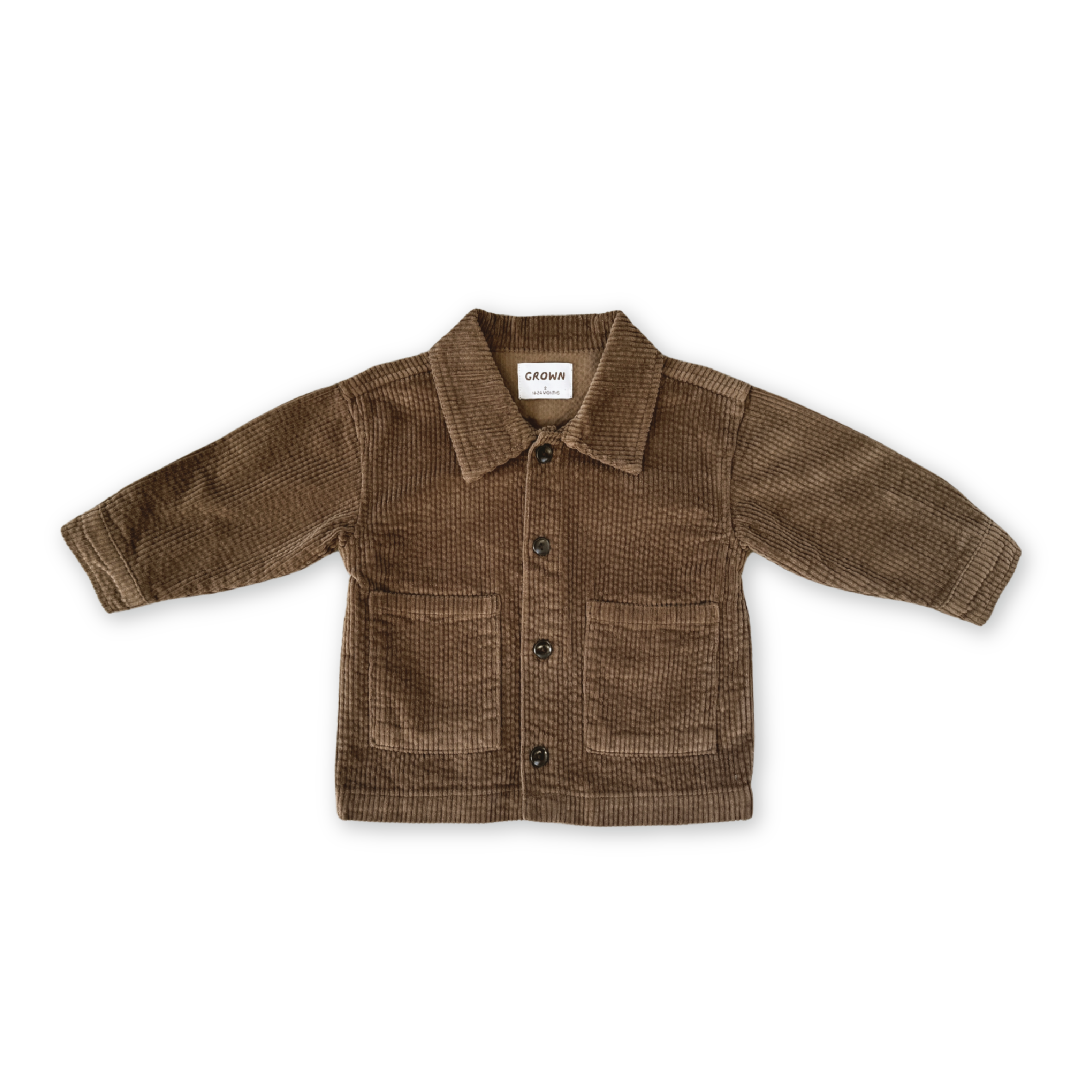 Organic cord shirt jacket in espresso colour, front view