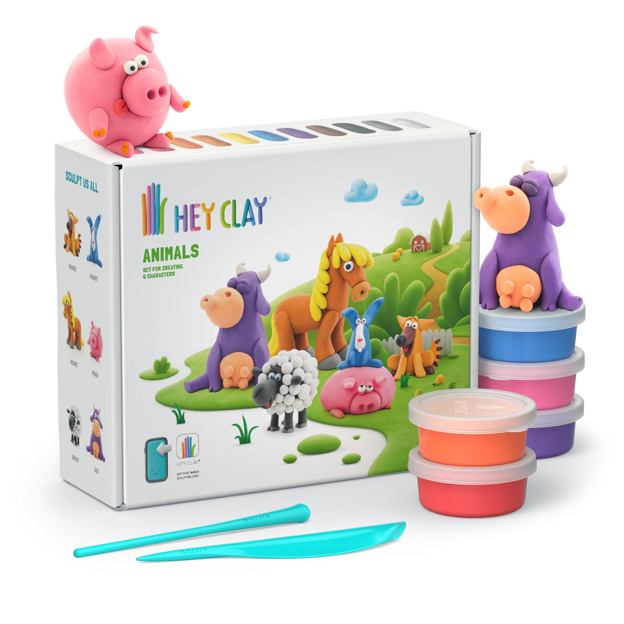 Hey Clay animals playset with packaging, clay containers, and tools on a white background