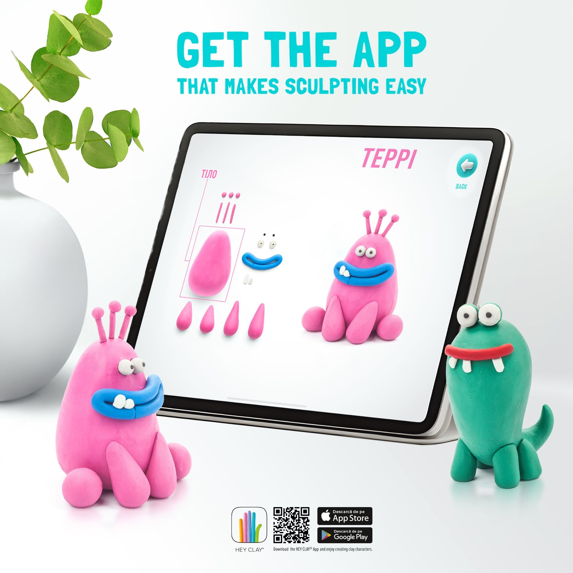 Tablet displaying a claymation app with two clay figures in front of it. hey clay app