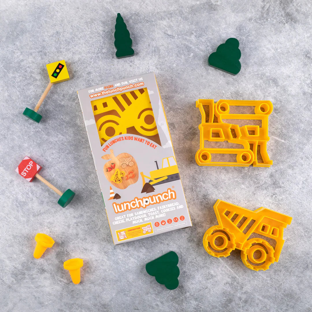 Dump truck and bulldozer sandwich cutters from Lunch Punch Construction set