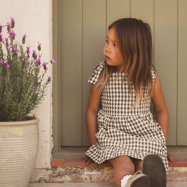 Cinnamon Baby gingham dress for girls – boutique kidswear pre-order at White Fox & Co New Zealand