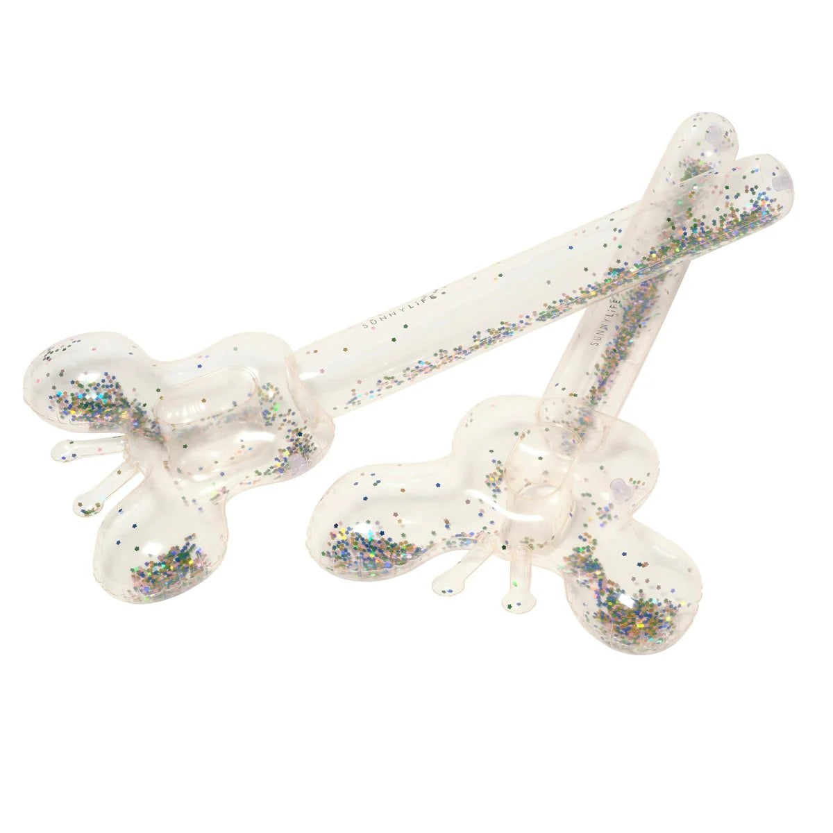 Close up of Sunnylife Cotton Candy Glitter inflatable noodle showing sparkling glitter inside