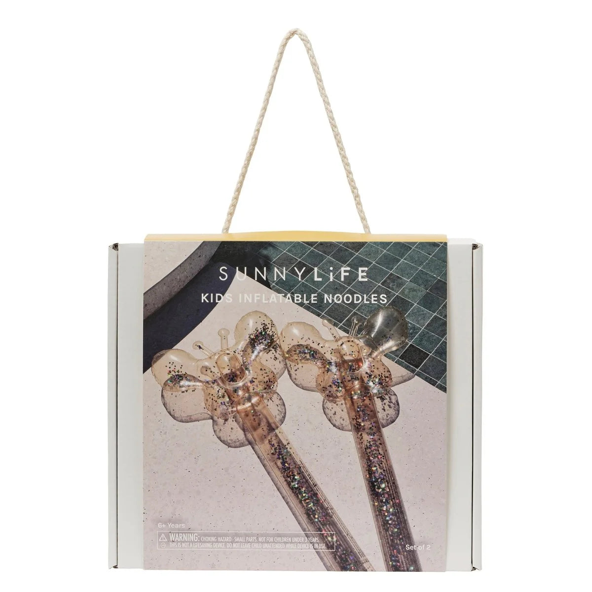 Sunnylife inflatable noodles packaging with butterfly design on a white background