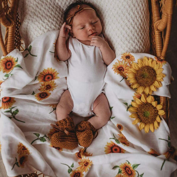 Snuggle Hunny Kids | Organic Muslin Wrap | Sunflower Print | White Fox & Co