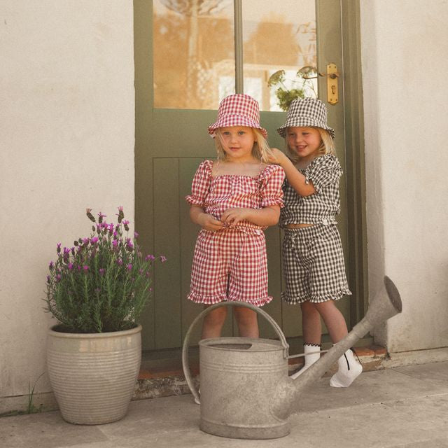 Two children in checkered outfits standing in front of a green door with a plant and watering can.