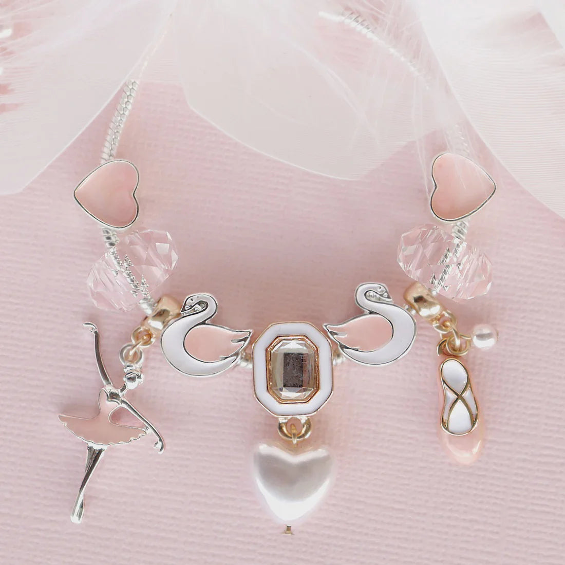 Lauren Hinkley Swan Lake Charm Bracelet featuring Princess Odette, two swan maidens, and a pearl-like heart charm – children’s jewellery gift