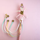 Lauren Hinkley Ava Ballerina Wand with ballerina doll in pink tutu, golden crown, and pastel star ribbons – kids dress-up accessory gift