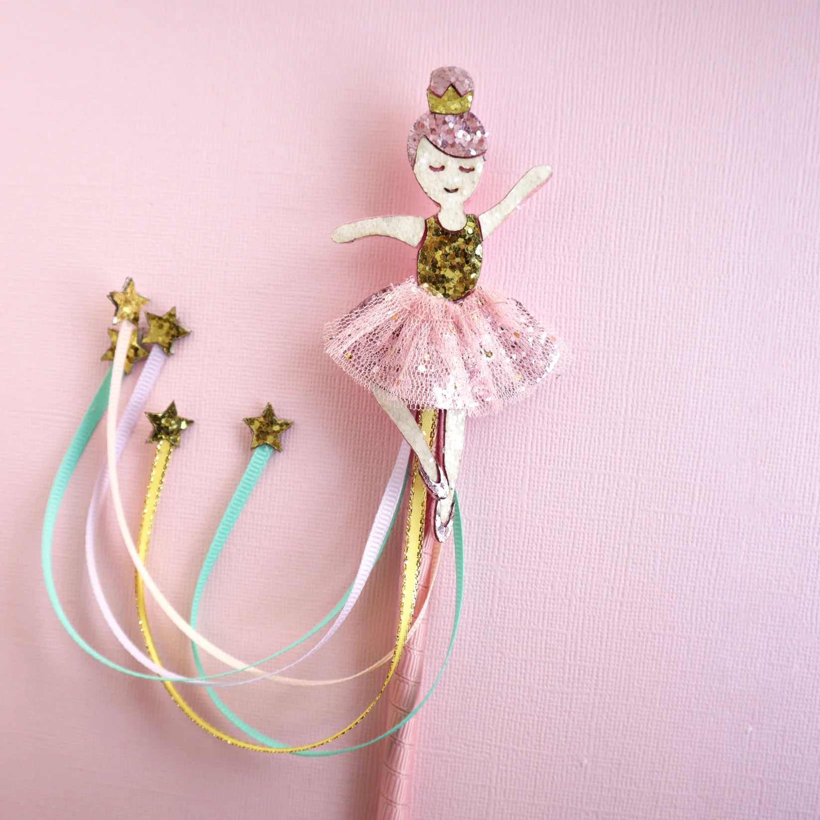 Lauren Hinkley Ava Ballerina Wand with ballerina doll in pink tutu, golden crown, and pastel star ribbons – kids dress-up accessory gift