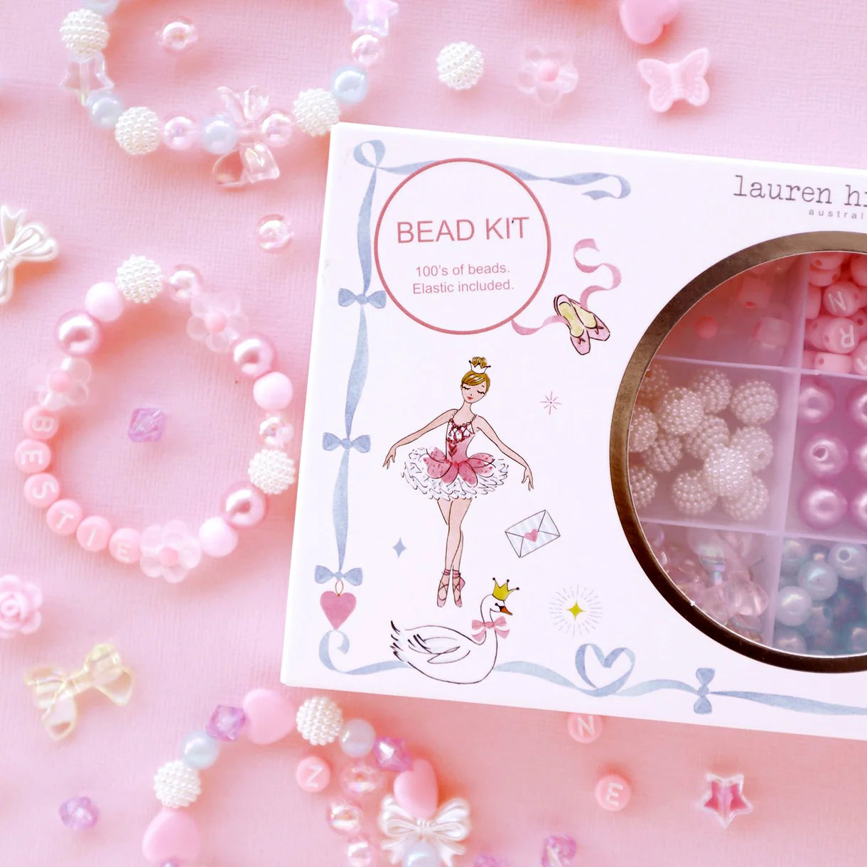 Lauren Hinkley Ava Ballet Bead Kit with pink, cream, lavender and crystal beads, charms, and elastic to create 12–14 kids’ bracelets