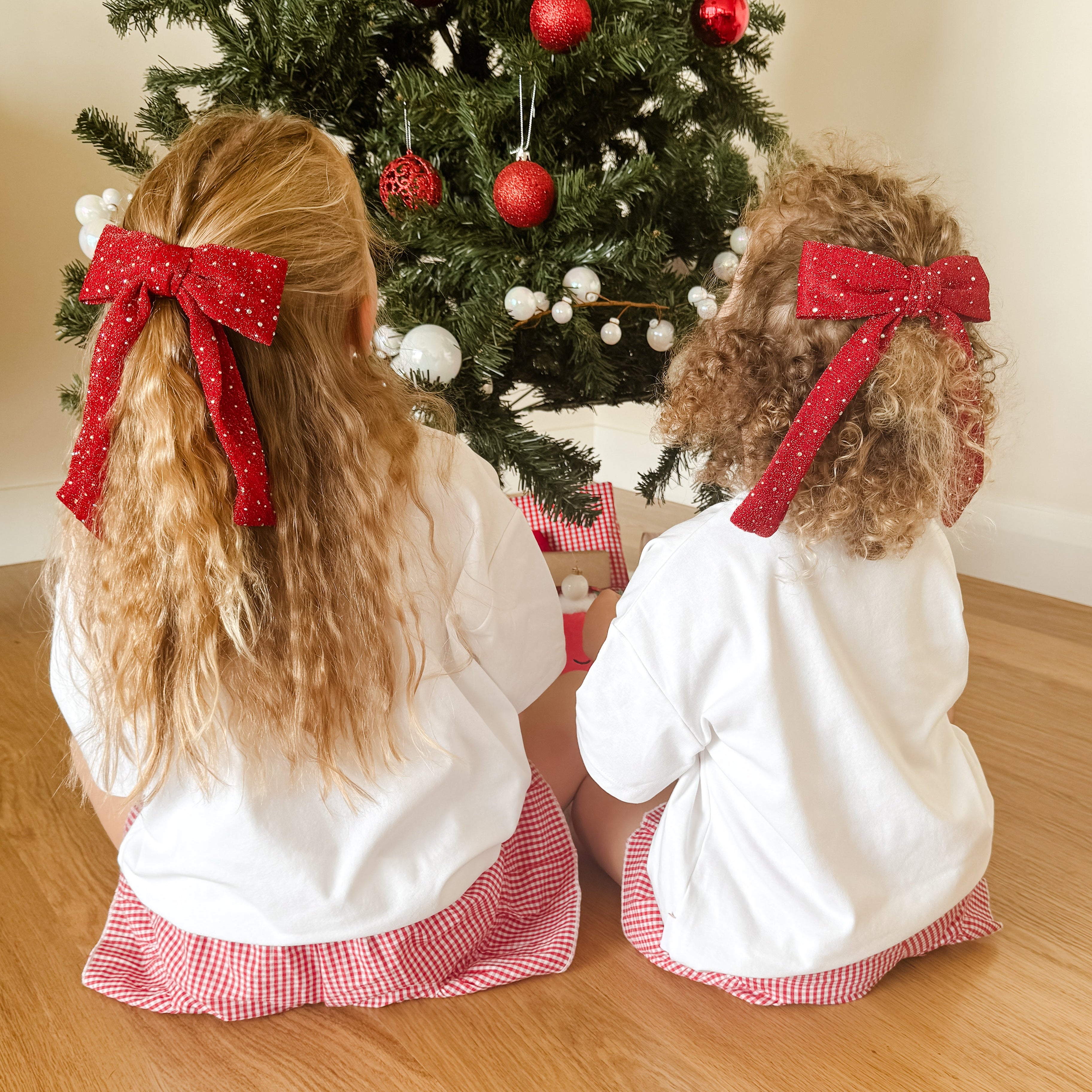 billy mae gingham cherry red shorts and christmas tees on Sophia and Rosie | now available at White Fox & Co