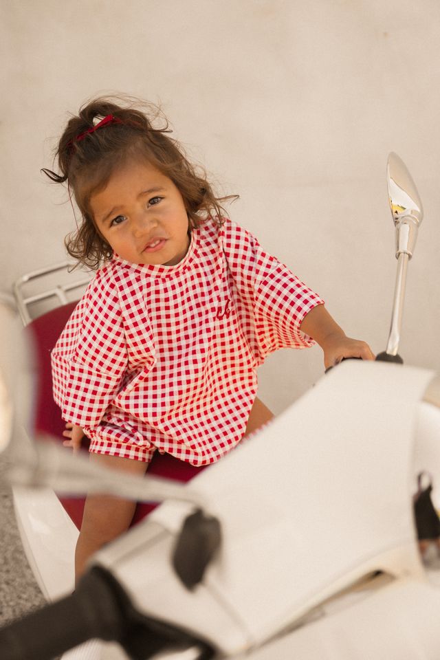 Cinnamon Baby red gingham romper – boutique baby romper exclusive to White Fox & Co NZ
