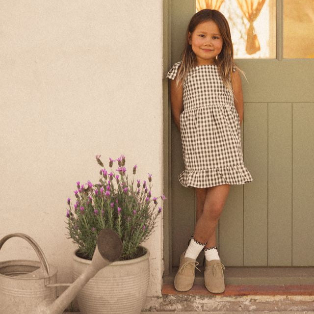 Cinnamon Baby gingham dress for girls – boutique kidswear pre-order at White Fox & Co New Zealand