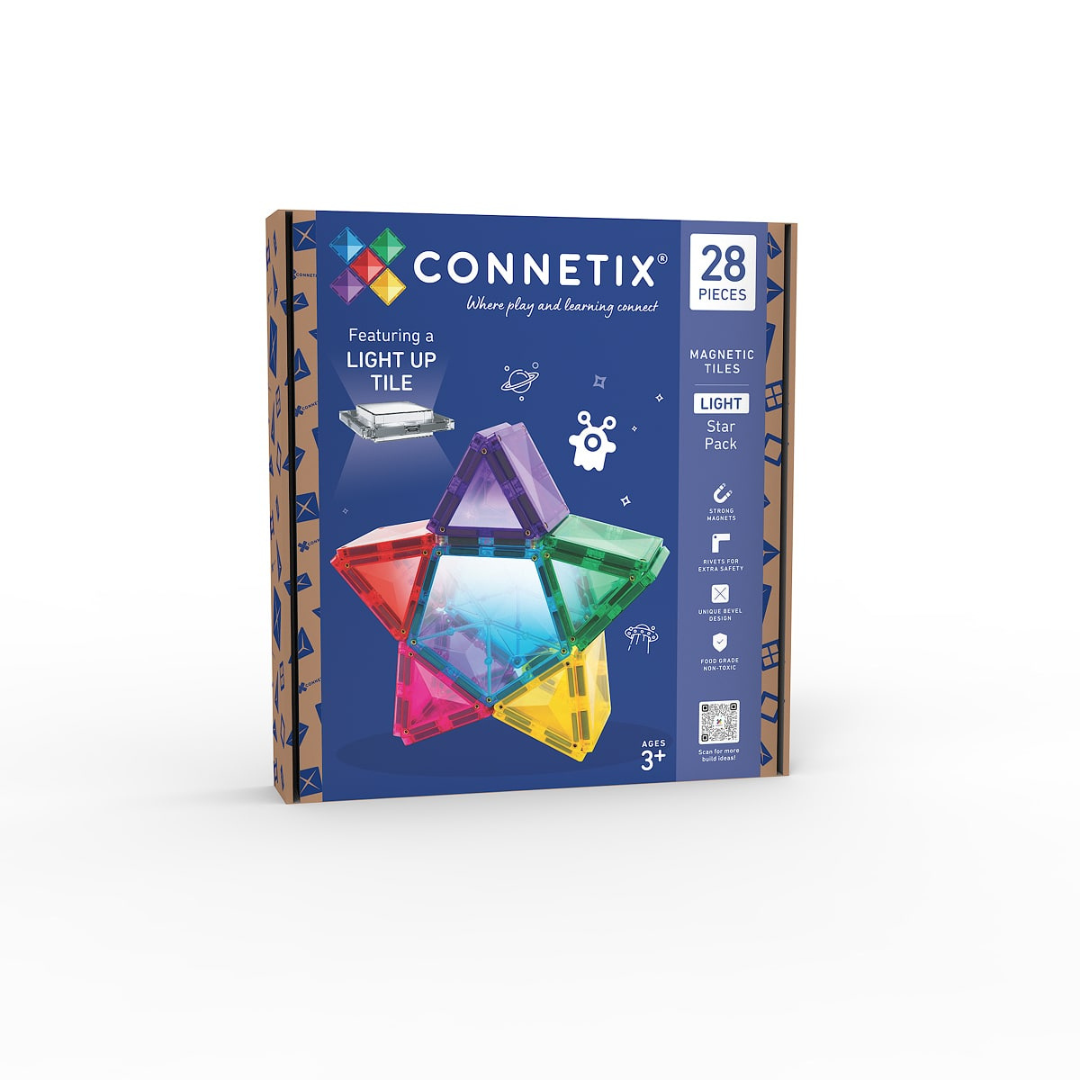Connetix Light Star Pack 28 Piece – magnetic tiles glowing with rechargeable light tile – White Fox & Co NZ