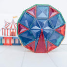 Rainbow Connetix tiles assembled into a Ferris Wheel 