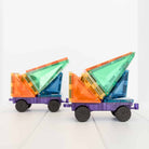 Rainbow Connetix tiles assembled into a Two Trucks