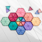 Flat lay of Connetix Pastel Geometry tiles showing different shapes