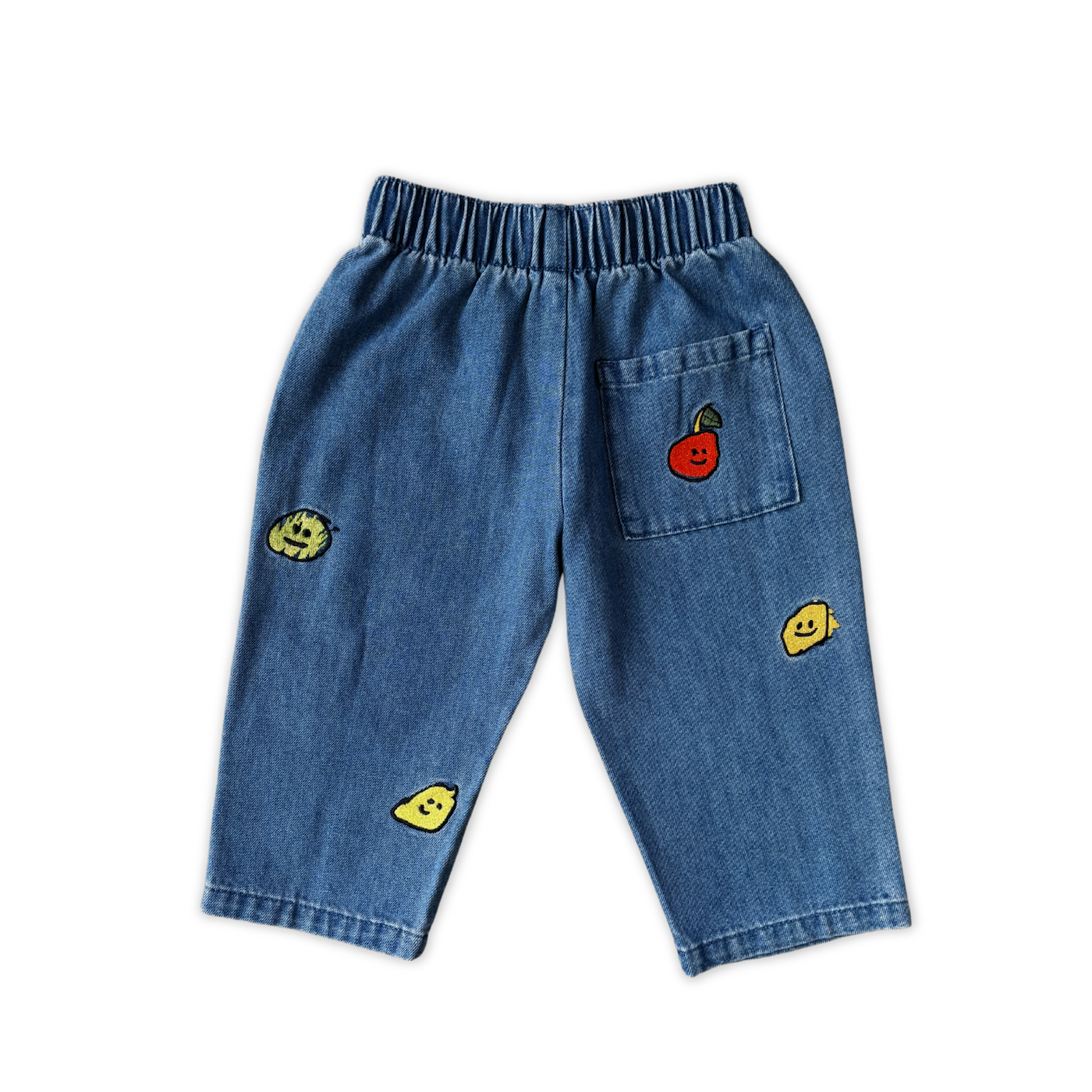 Grown organic cotton kids denim pants fruit embroidery detail