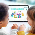 Two children looking at a tablet screen displaying colorful unicorn toys with 'Rainbow Unicorns' text. hey clay unicorn mega set