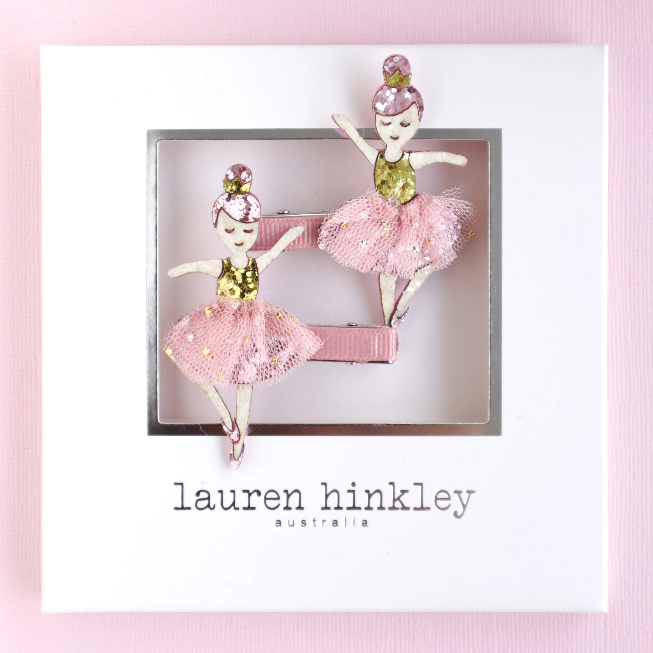 Lauren Hinkley Ava Ballerina Hair Clips featuring ballerina with pink hair, golden tiara, and glitter tutu – kids hair accessory gift