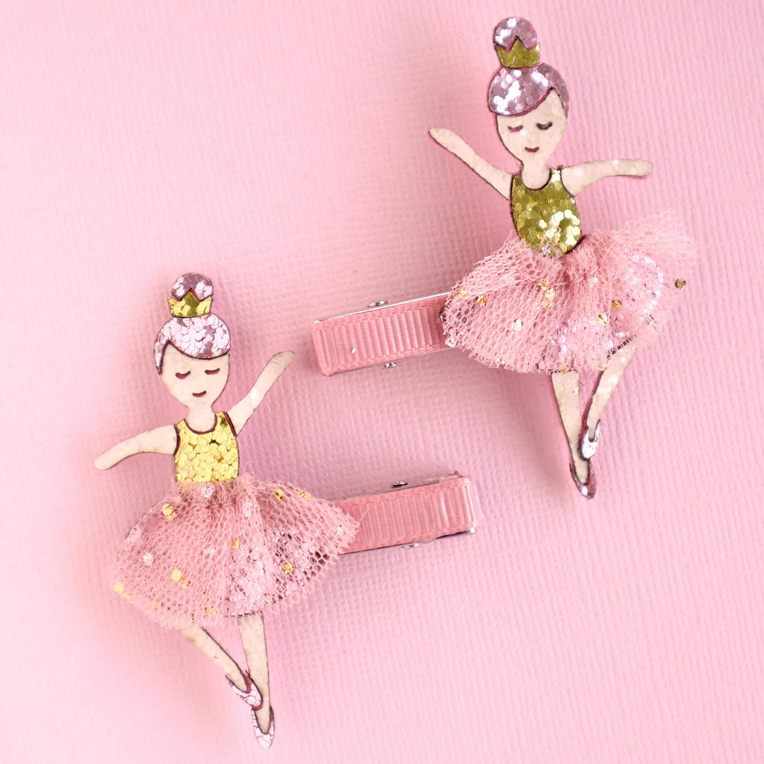 Lauren Hinkley Ava Ballerina Hair Clips featuring ballerina with pink hair, golden tiara, and glitter tutu – kids hair accessory gift