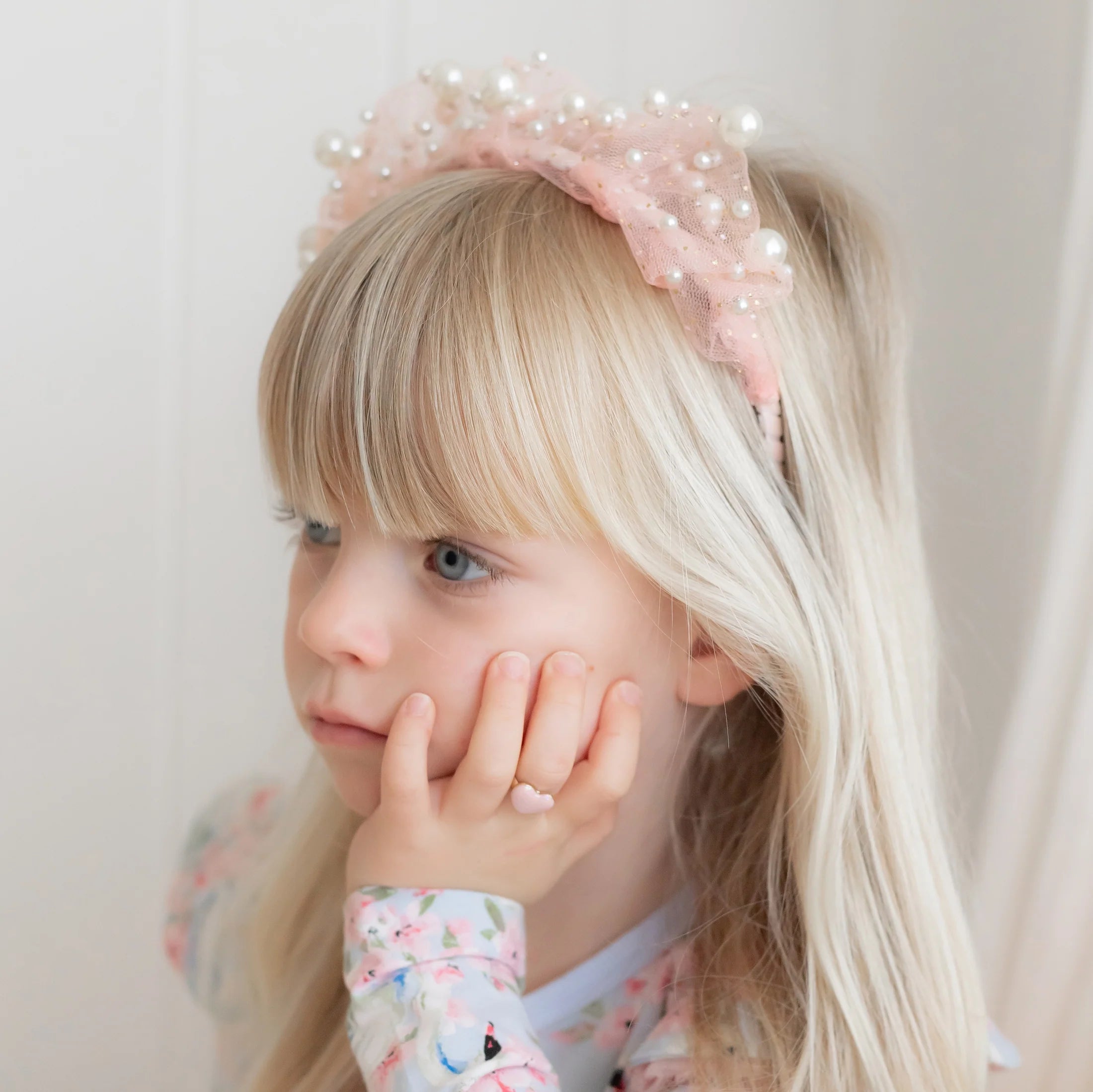 Side view of Ava Ballerina Pearl Headband by Lauren Hinkley showing pearl design and comfortable fit