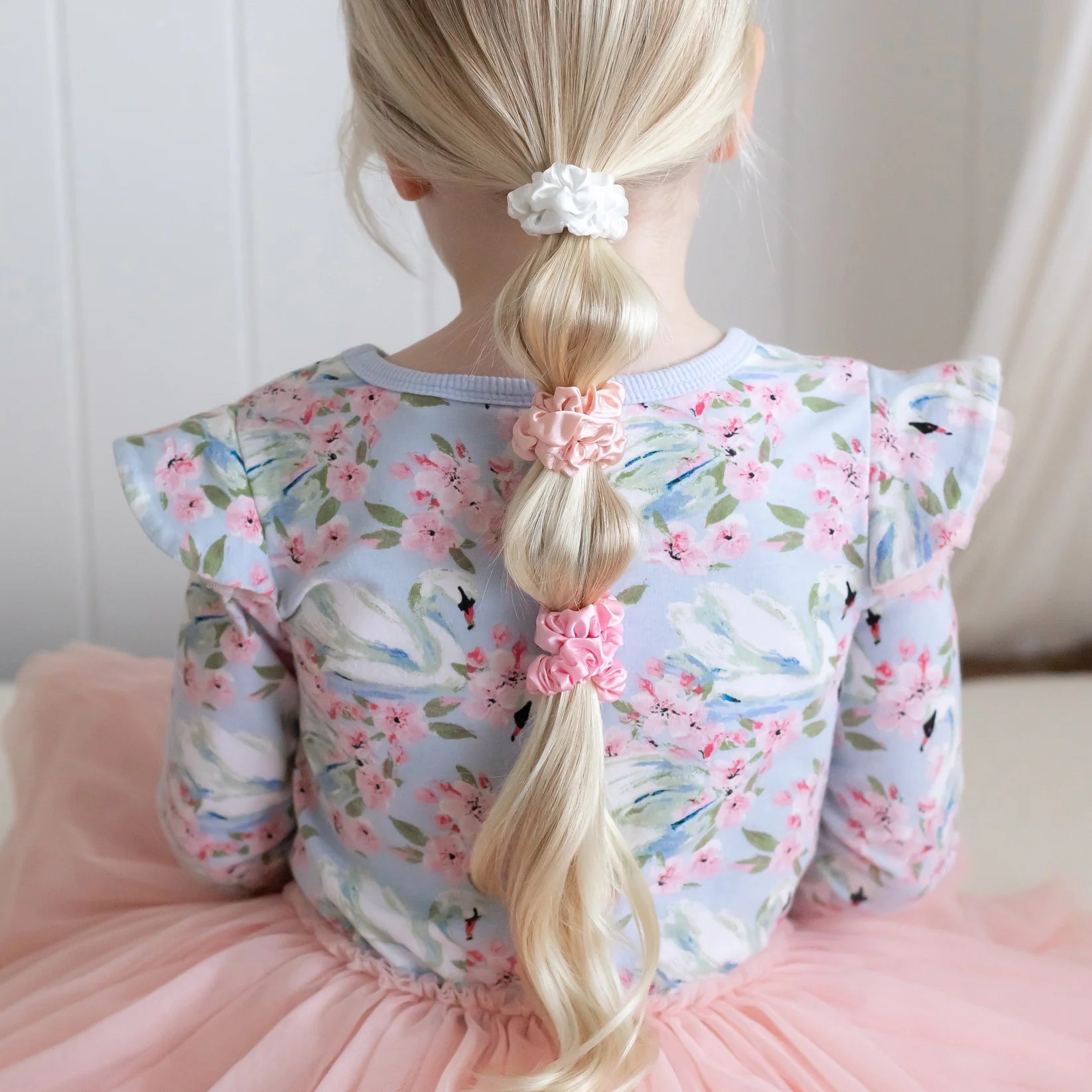 Lauren Hinkley Ava Ballerina Scrunchie Set with three colours – pearl, blush rose, and pink – kids hair accessories, styled in hair