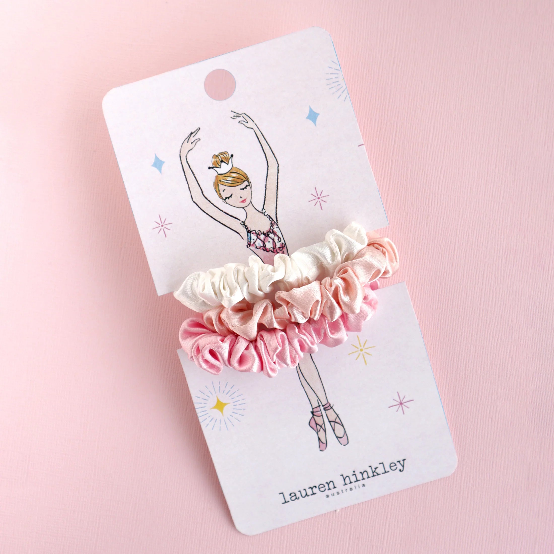 Lauren Hinkley Ava Ballerina Scrunchie Set with three colours – pearl, blush rose, and pink – kids hair accessories