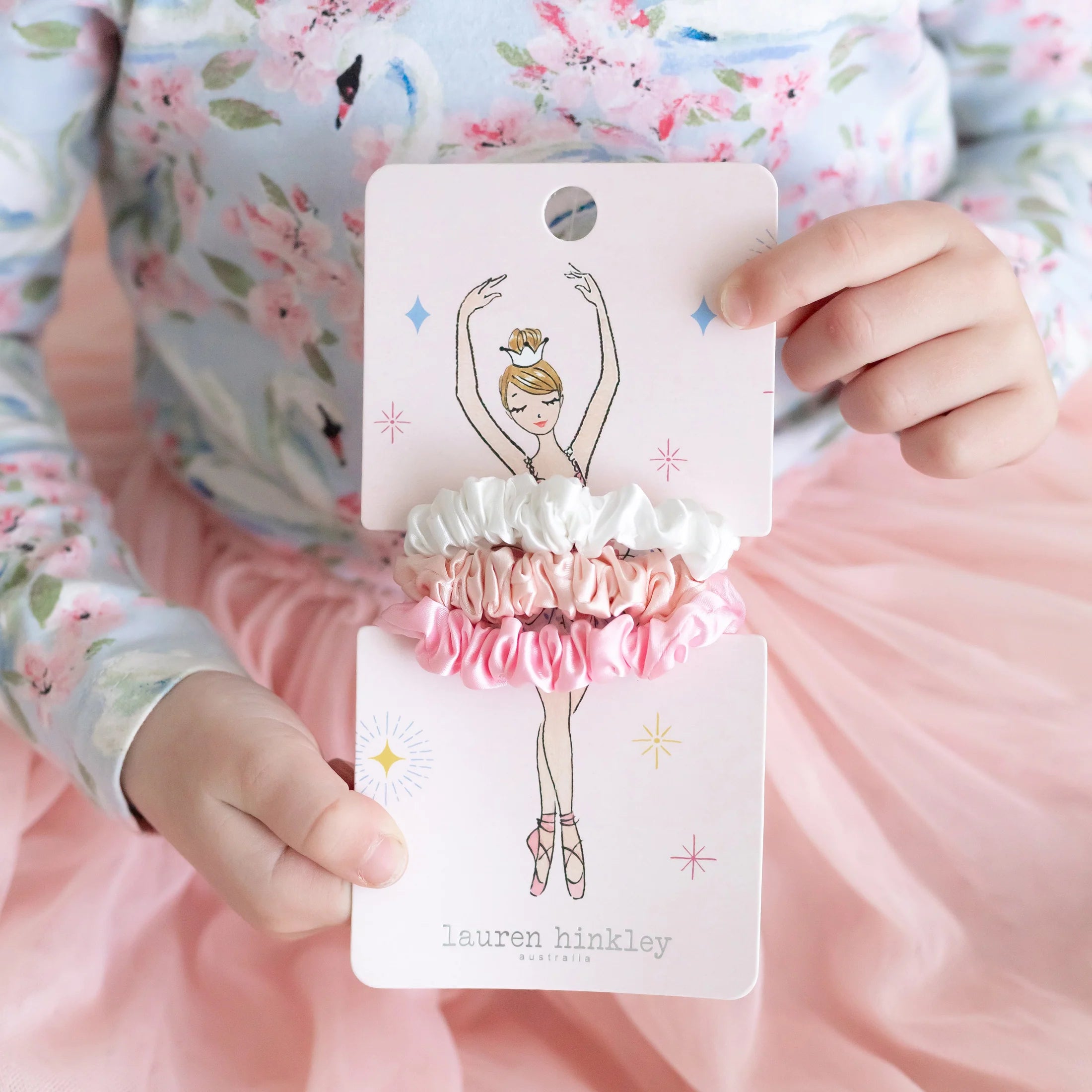 Lauren Hinkley Ava Ballerina Scrunchie Set with three colours – pearl, blush rose, and pink – kids hair accessories