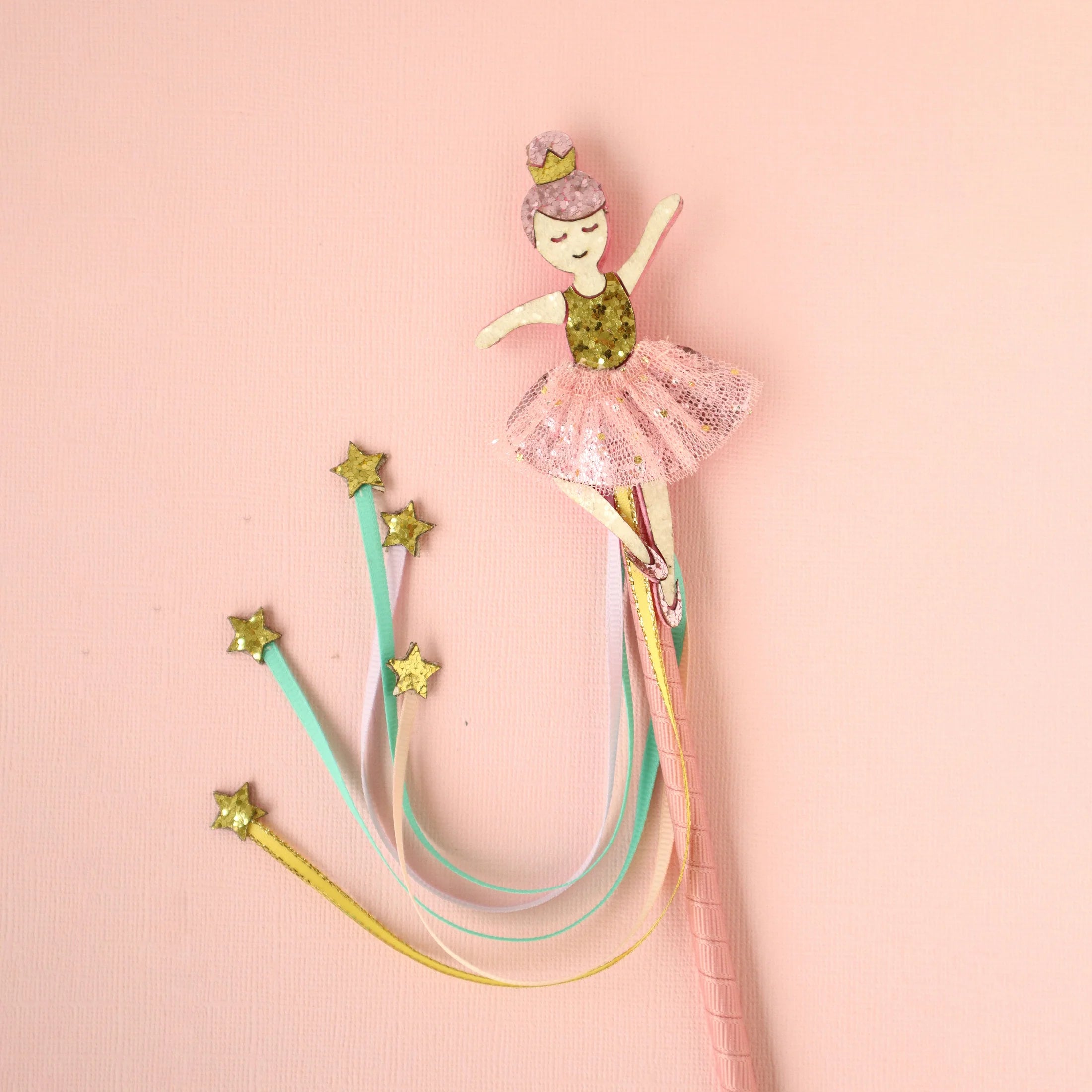 Lauren Hinkley Ava Ballerina Wand with ballerina doll in pink tutu, golden crown, and pastel star ribbons – kids dress-up accessory gift