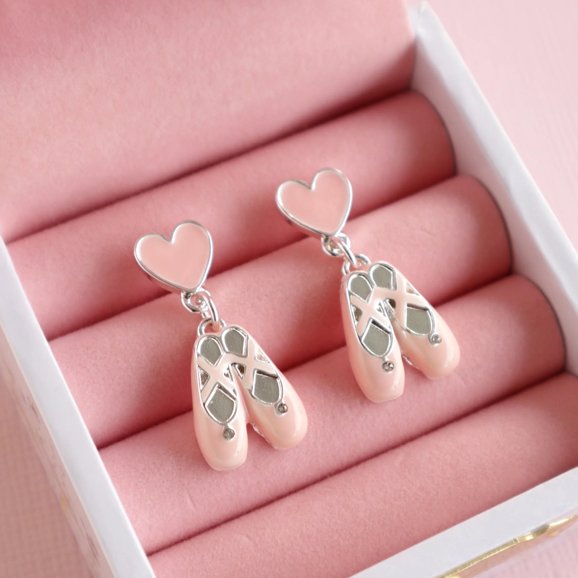 Lauren Hinkley Ballet Slippers Earrings with pink pointe shoe charms and sterling silver posts – kids jewellery gift