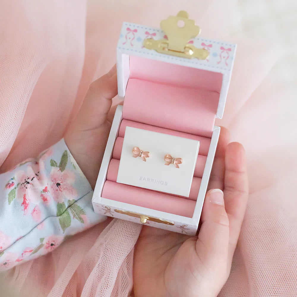 Lauren Hinkley Pink Bow Earrings with sparkling diamantes and gold accents – sterling silver posts for kids
