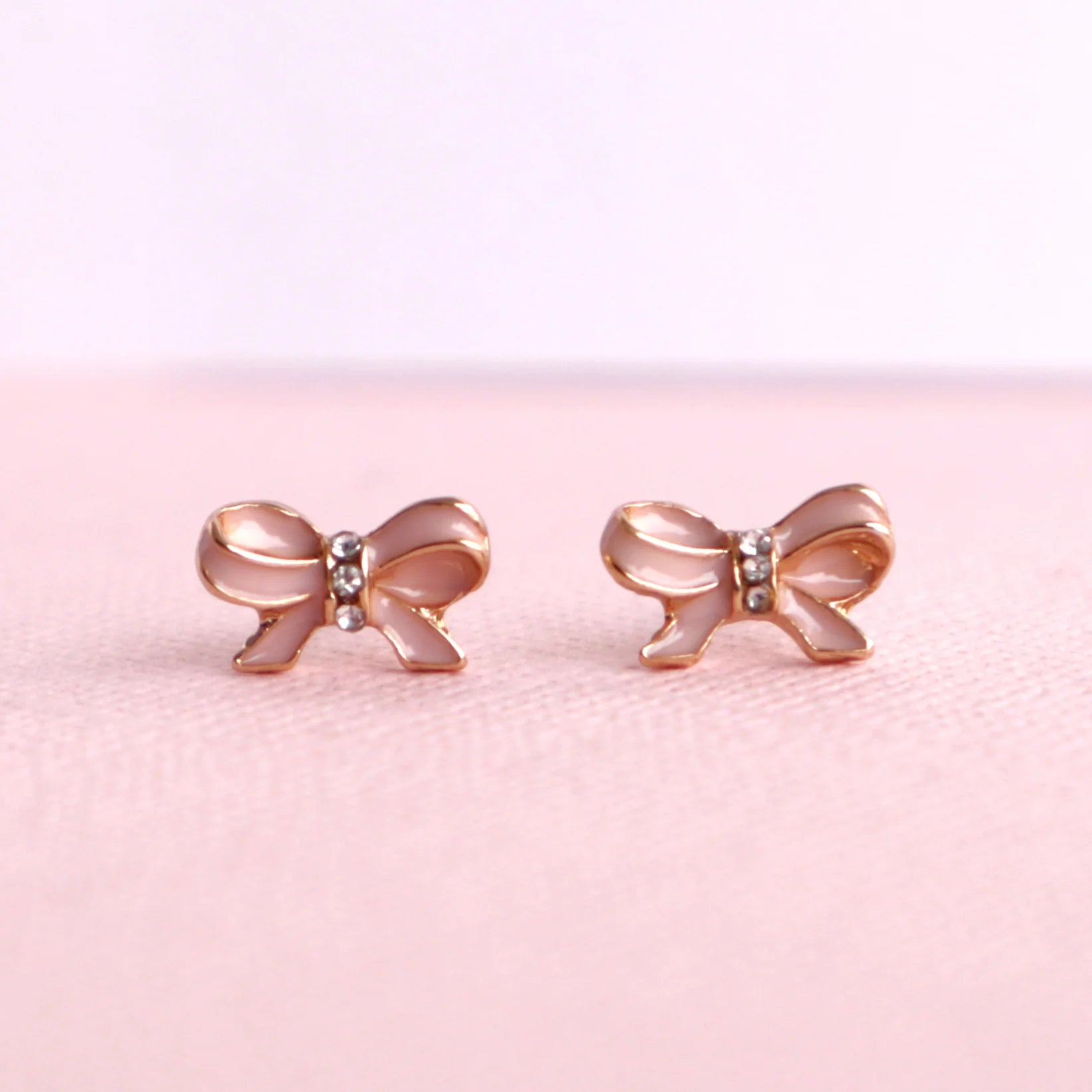 Lauren Hinkley Pink Bow Earrings with sparkling diamantes and gold accents – sterling silver posts for kids