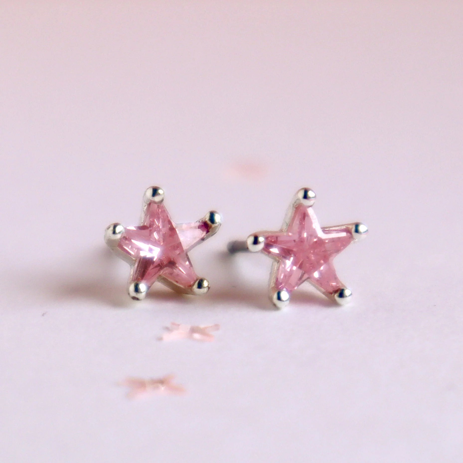 Lauren Hinkley Pink Shining Star Earrings with pink crystal star charms and silver points – sterling silver posts for kids