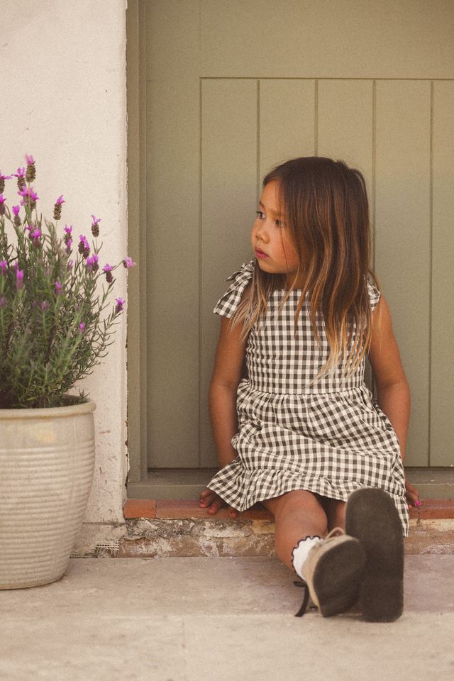 Cinnamon Baby gingham dress for girls – boutique kidswear pre-order at White Fox & Co New Zealand