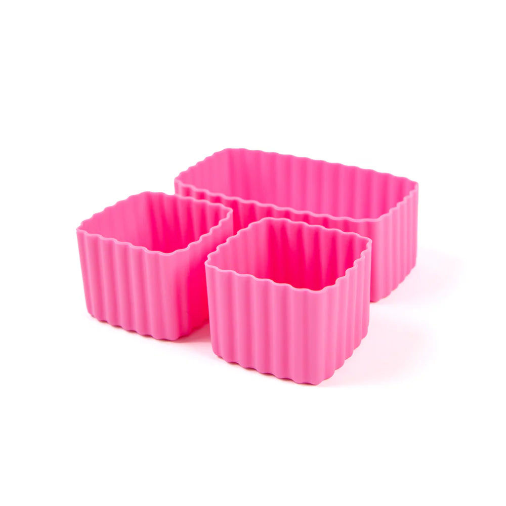MontiiCo Bento Cups in Floss – pink silicone lunchbox inserts in square and rectangle shapes
