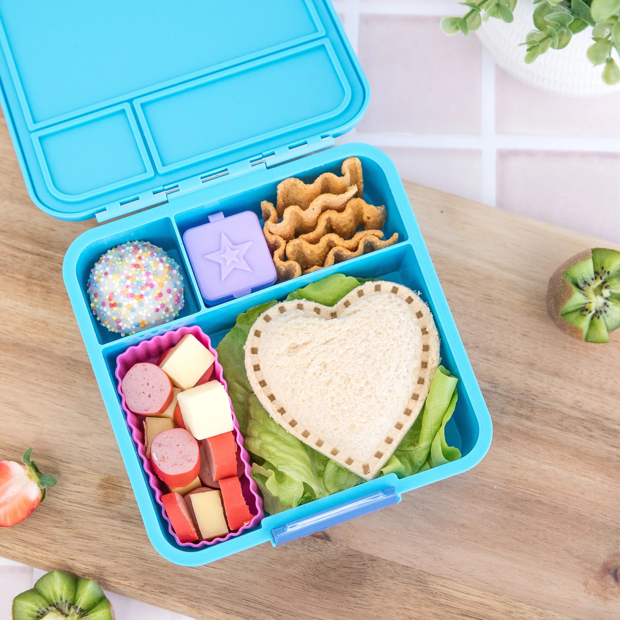 MontiiCo Bento Three Coastal lunchbox open showing leakproof compartments