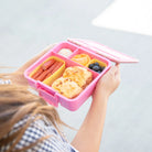 nside view of MontiiCo Bento Three Floss Glitter lunchbox showing leakproof compartments