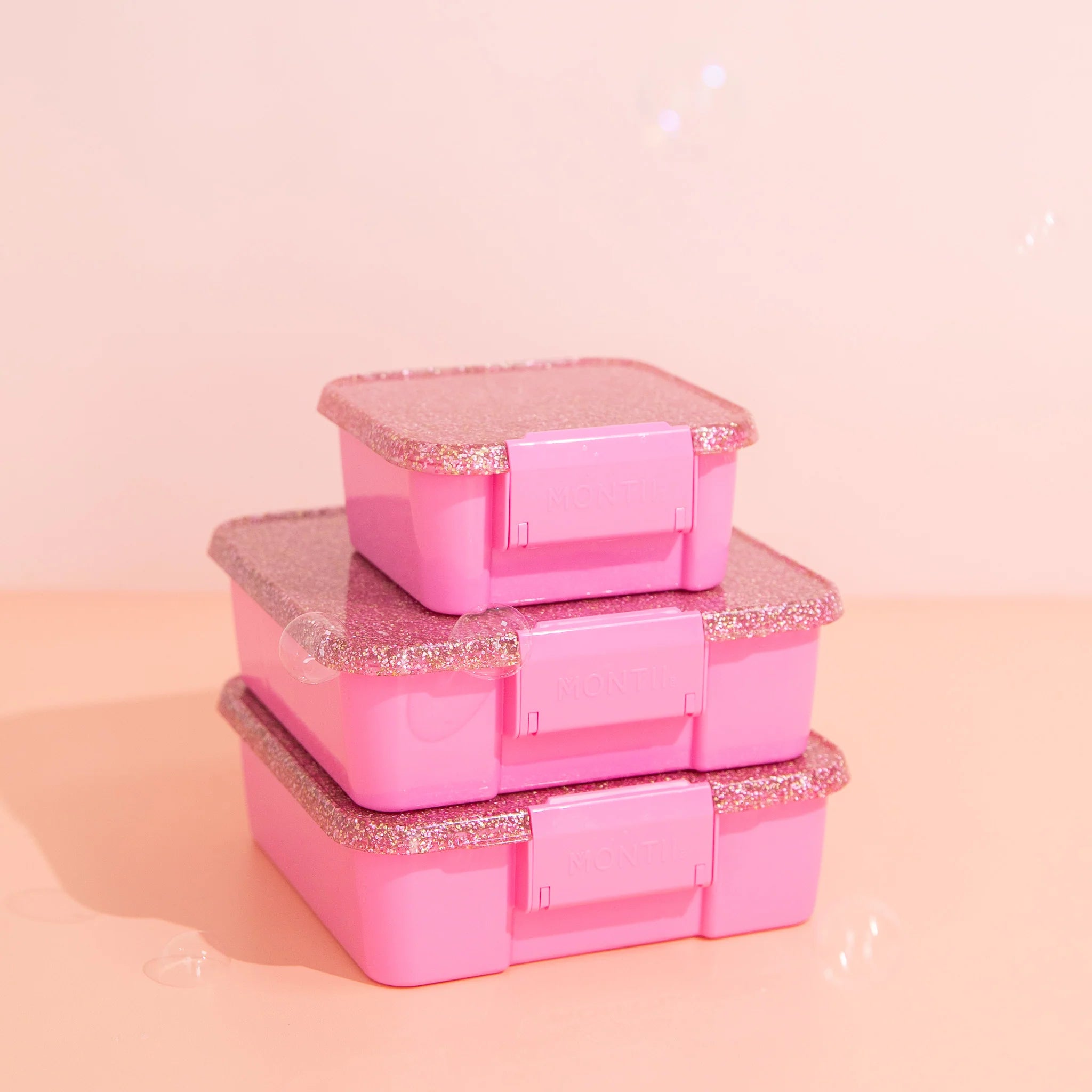 MontiiCo Bento Three lunchbox in Floss Glitter – sparkly pink glitter kids lunchbox with three compartments