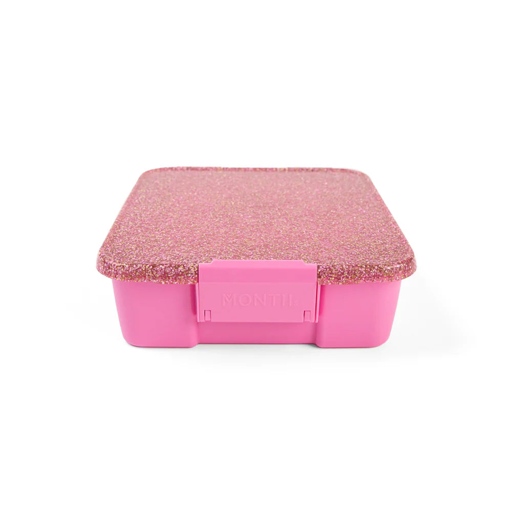 MontiiCo Bento Three lunchbox in Floss Glitter – sparkly pink glitter kids lunchbox with three compartments