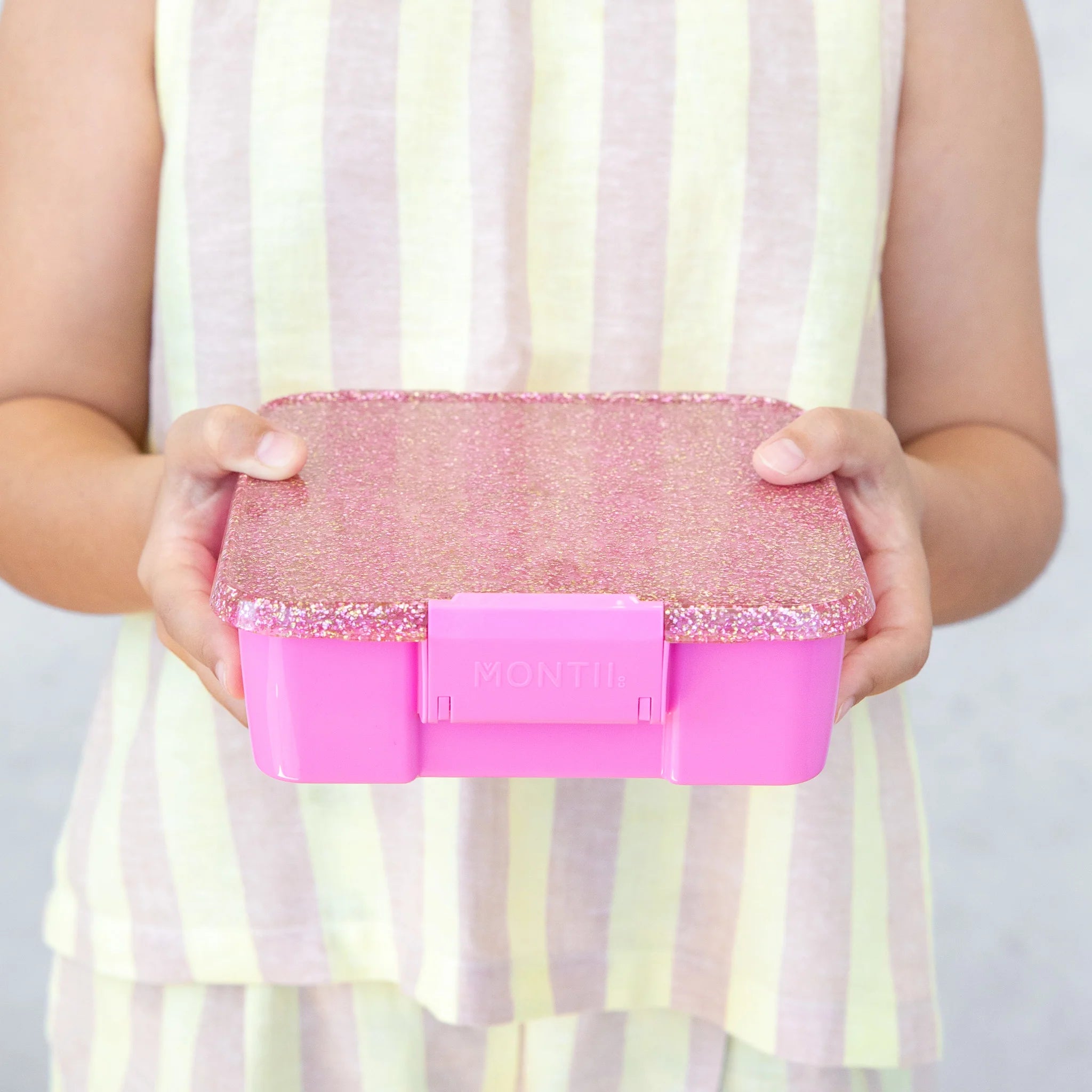 MontiiCo Bento Three lunchbox in Floss Glitter – sparkly pink glitter kids lunchbox with three compartments