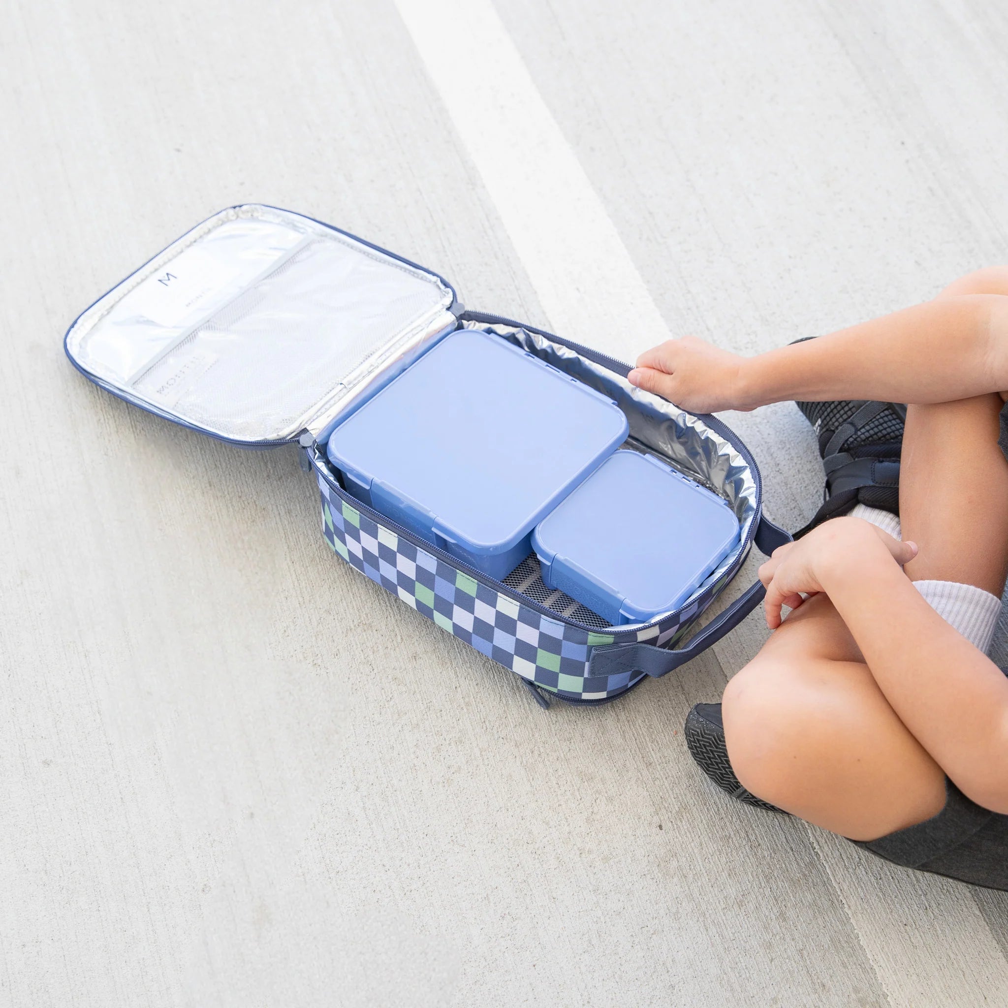 MontiiCo Bento Three lunchbox in Splash – bold blue lunchbox with three leakproof compartments