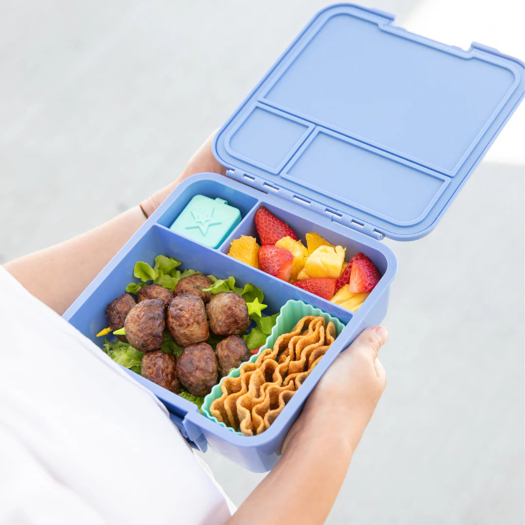 MontiiCo Bento Three Splash lunchbox open showing three compartments and easy-open latch