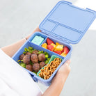 MontiiCo Bento Three Splash lunchbox open showing three compartments and easy-open latch